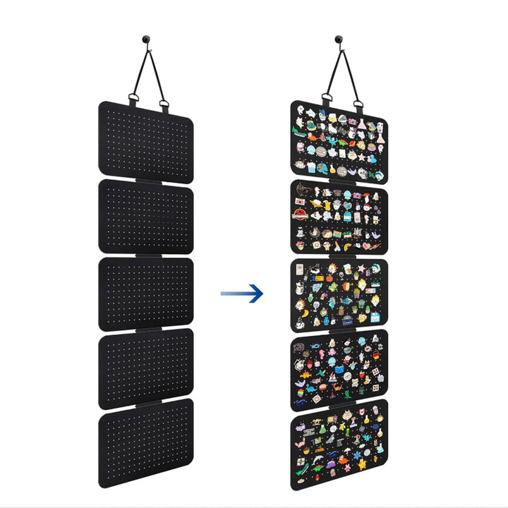 side view of Black Hanging Felt Pin Display Panels with hanging hooks displaying various small items.
