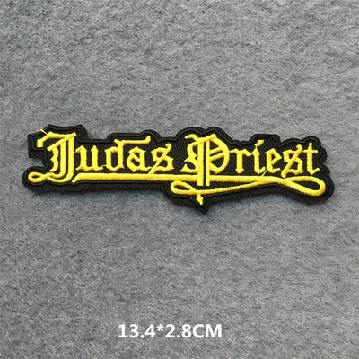 Judas Priest logo patch with yellow text on a gray background