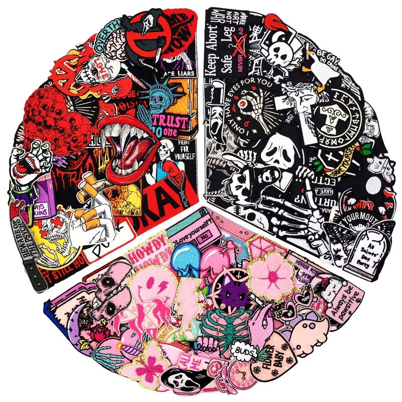 🔥50pcs Mixed Iron-On Patch Pack – Punk, Black & White, and Kawaii Styles for DIY Clothing, Jackets & Accessories