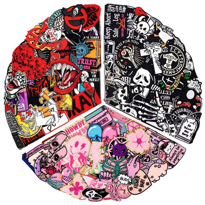 🔥50pcs Mixed Iron-On Patch Pack – Punk, Black & White, and Kawaii Styles for DIY Clothing, Jackets & Accessories