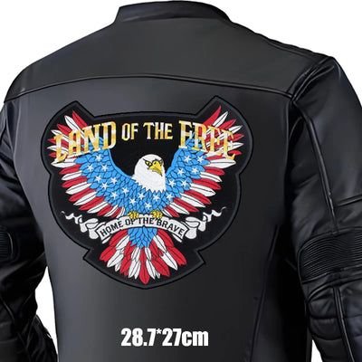 Black leather jacket with an eagle emblem and text on a white background