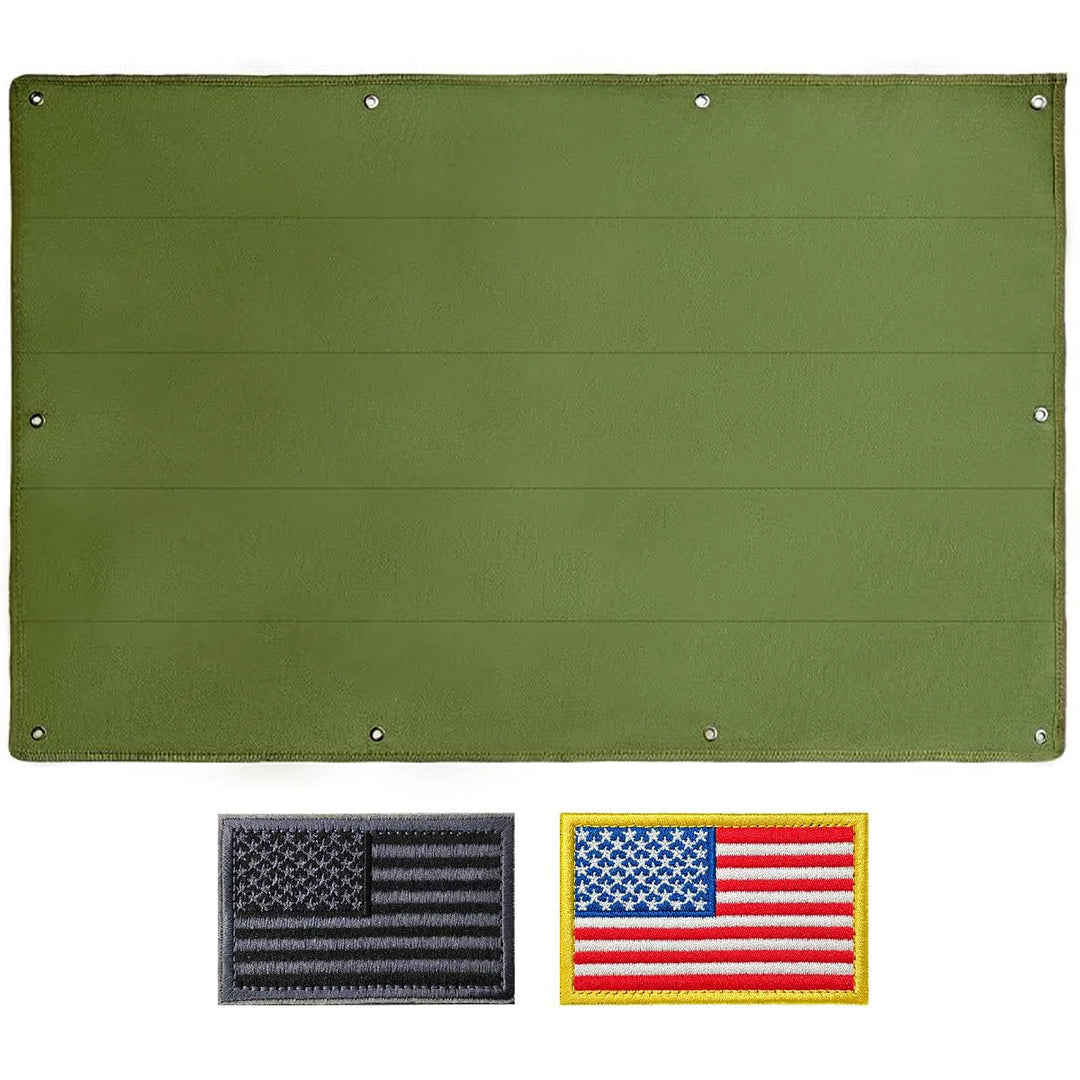 Green patch display board spread open with two American flag patches below it.
