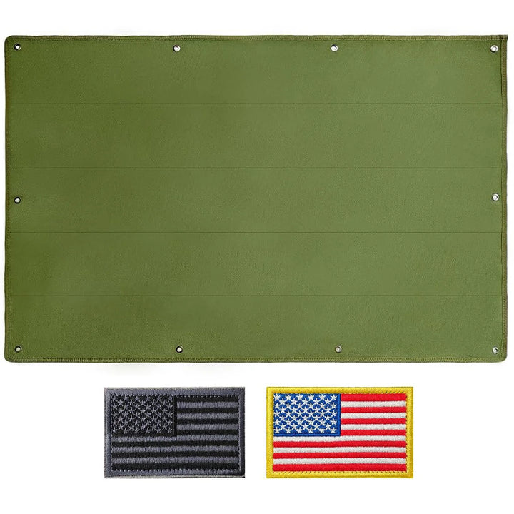 Green patch display board spread open with two American flag patches below it.