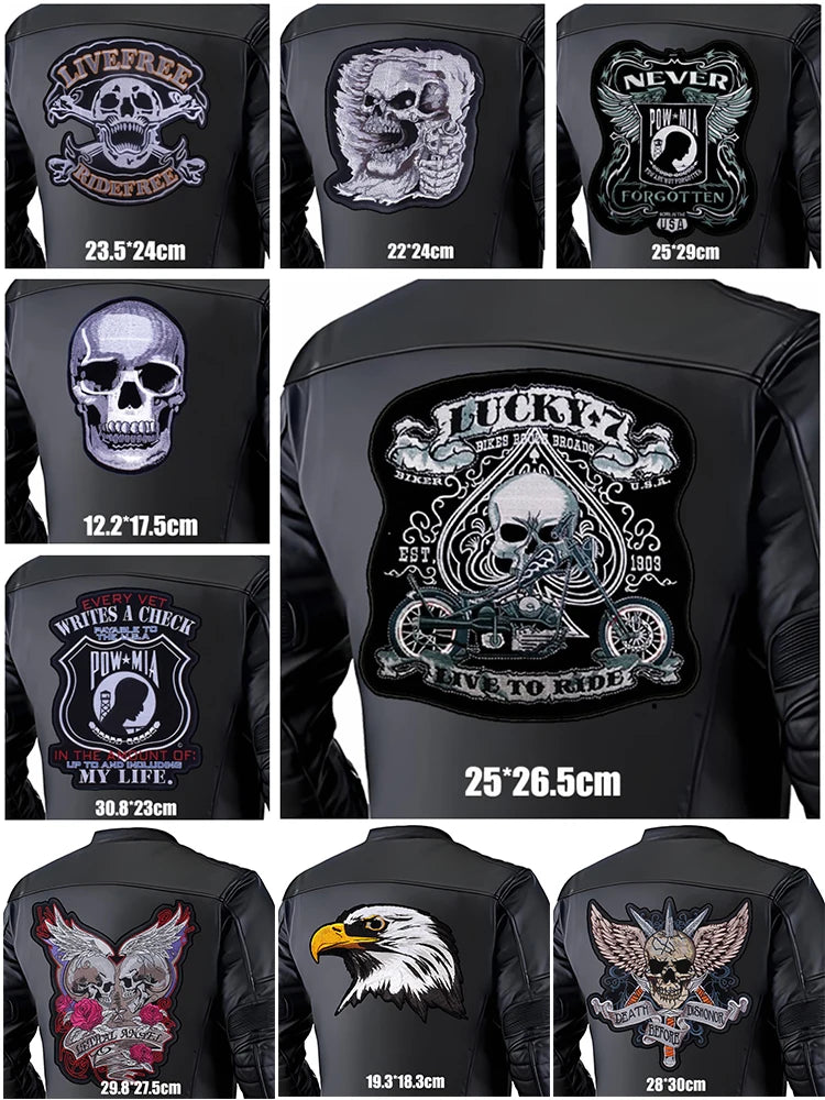Collection of black leather jackets with various designs and sizes displayed.