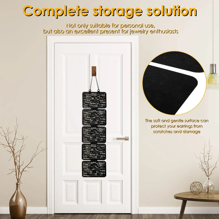 Black hanging Felt Pin Display Panels storage solution for jewelry on a door with text about its suitability for personal use and as a gift for jewelry enthusiasts.
