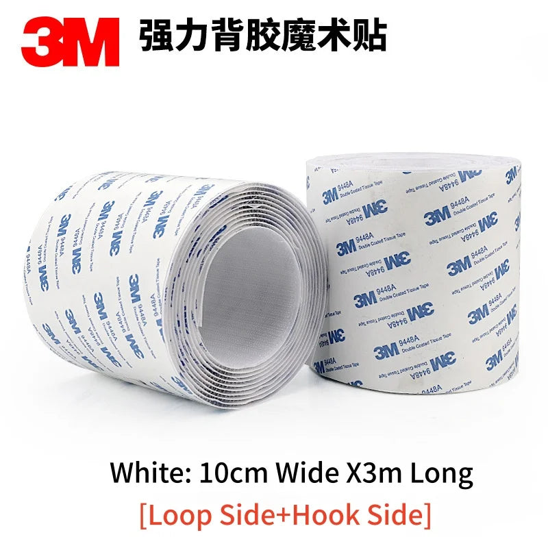 Roll of 3M white Velcro tape with text indicating width and length on a white background 10cm x 3meters 