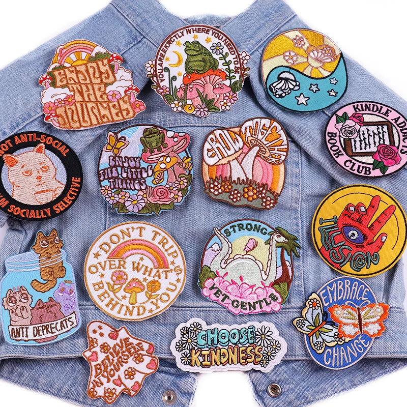 Collection of colorful patches on a denim jacket