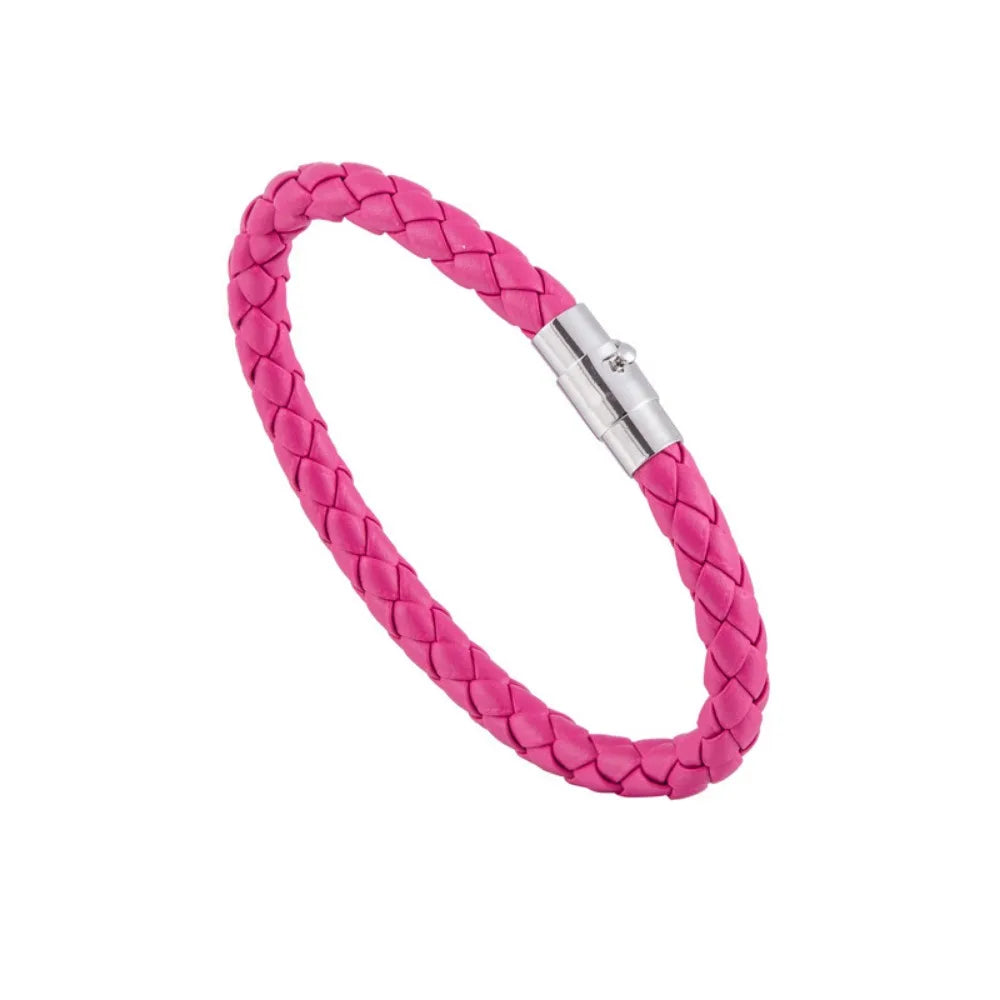 Pink braided bracelet with a silver clasp on a white background