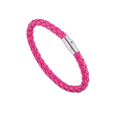Pink braided bracelet with a silver clasp on a white background