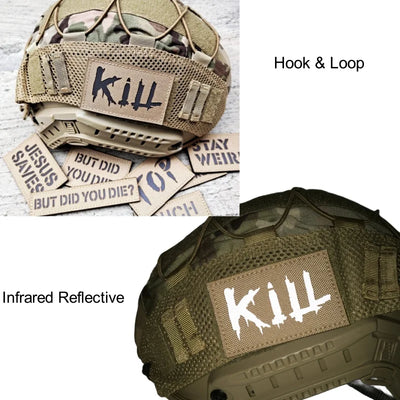 Tactical patch with 'Kill' text on a helmet, showing 'Hook & Loop' and 'Infrared Reflective' features.