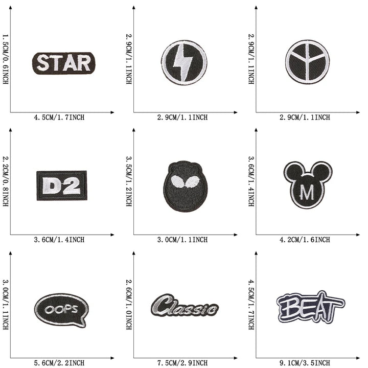 Set of various logos with dimensions displayed