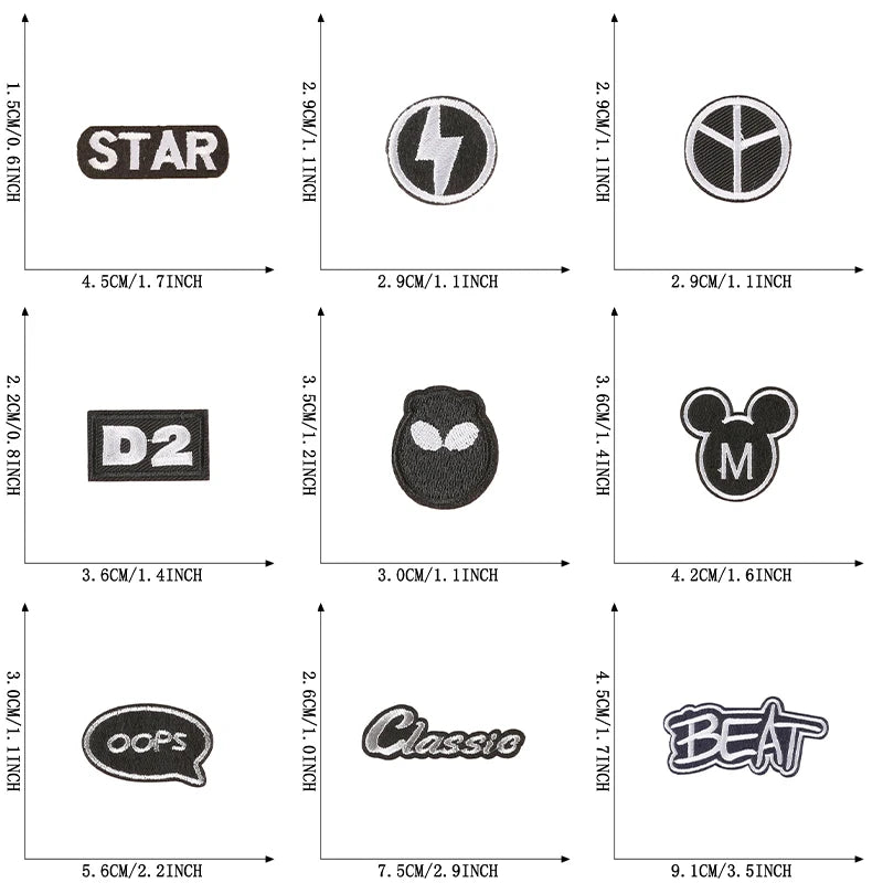 Set of various logos with dimensions displayed
