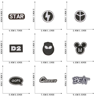 Set of various logos with dimensions displayed