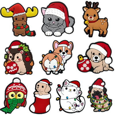 Shoe charm Collection of cartoon animals wearing Christmas-themed hats and accessories on a white background