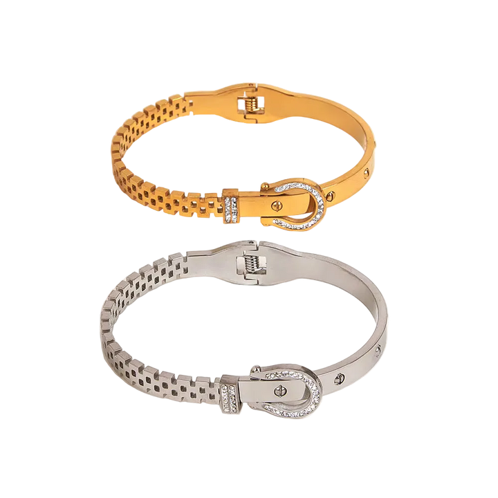 Gold and silver bracelet set on a white background