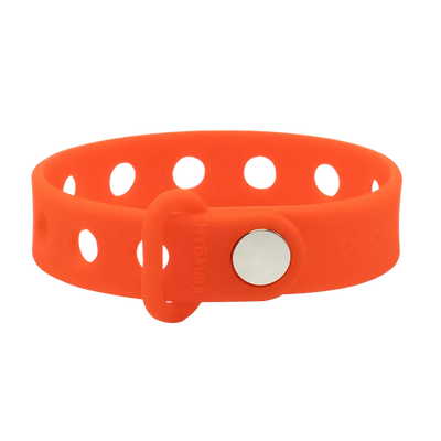 Orange wrist band with a silver button on a white background