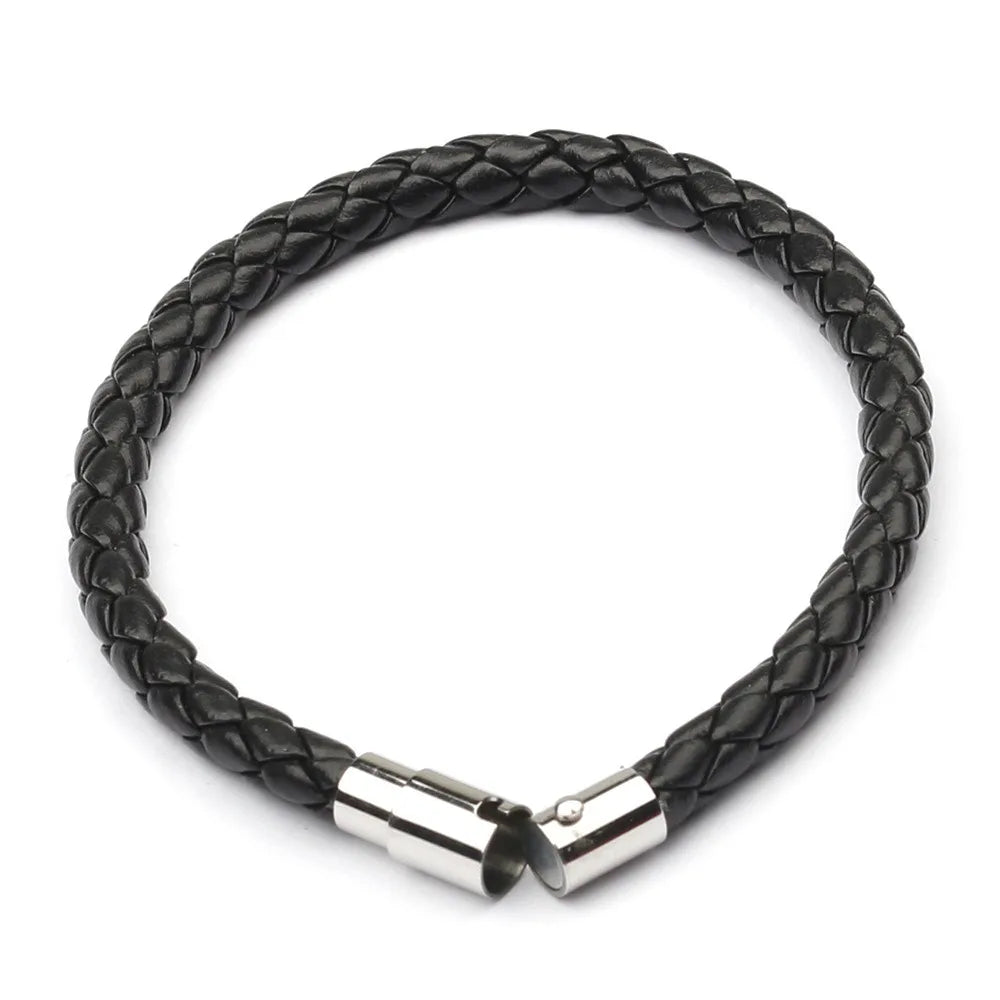 Black braided leather bracelet with a silver clasp on a white background