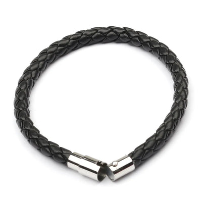 Black braided leather bracelet with a silver clasp on a white background