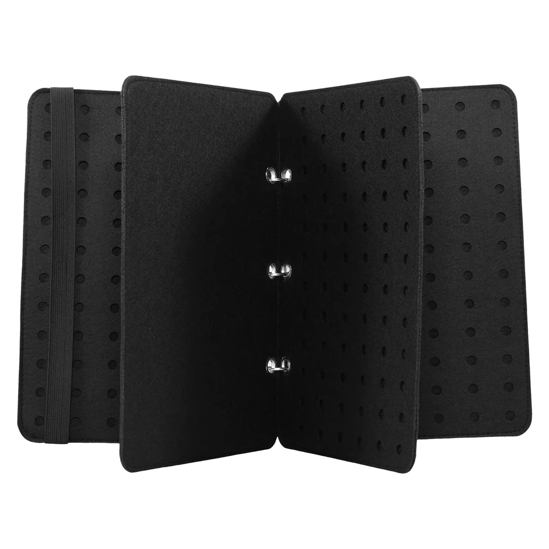 Black jewelry display folder with with 4 pages om a white background 