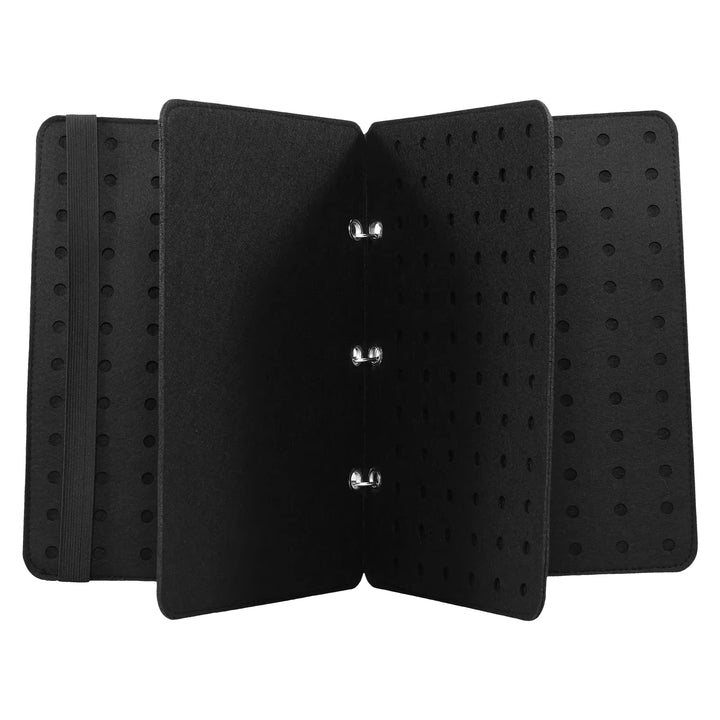 Black jewelry display folder with with 4 pages om a white background 