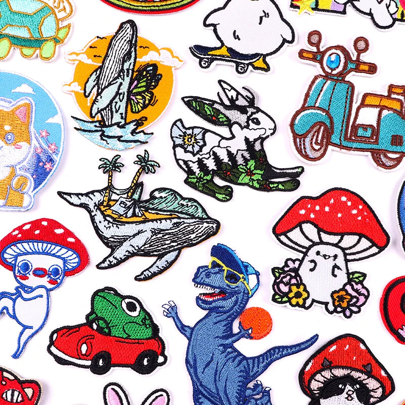 Collection of colorful cartoon-style patches on a white background