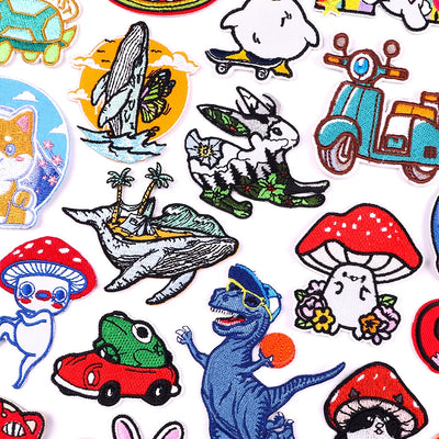 Collection of colorful cartoon-style patches on a white background