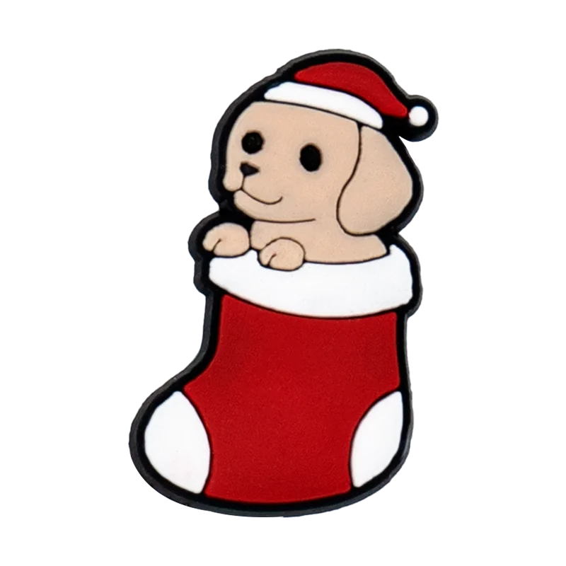 shoe charm of a Cartoon dog in a Santa hat and red stocking on a white background