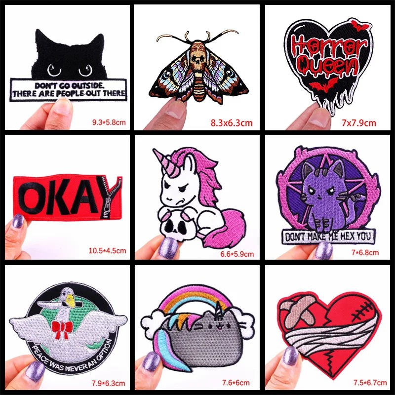 Collection of various embroidered patches held by fingers, with dimensions displayed below each.