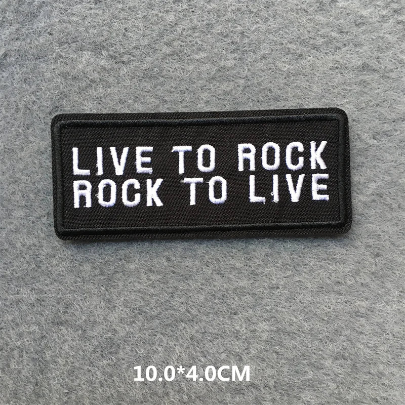 Embroidered patch with 'Live to Rock, Rock to Live' text on a gray background