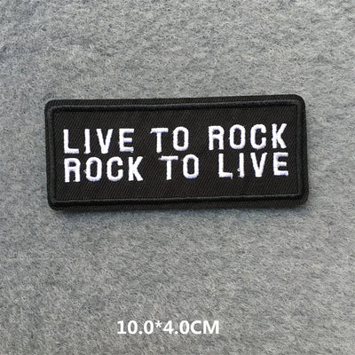 Embroidered patch with 'Live to Rock, Rock to Live' text on a gray background