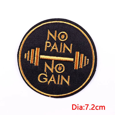 Round patch with 'No Pain No Gain' text and barbell illustration on a black background