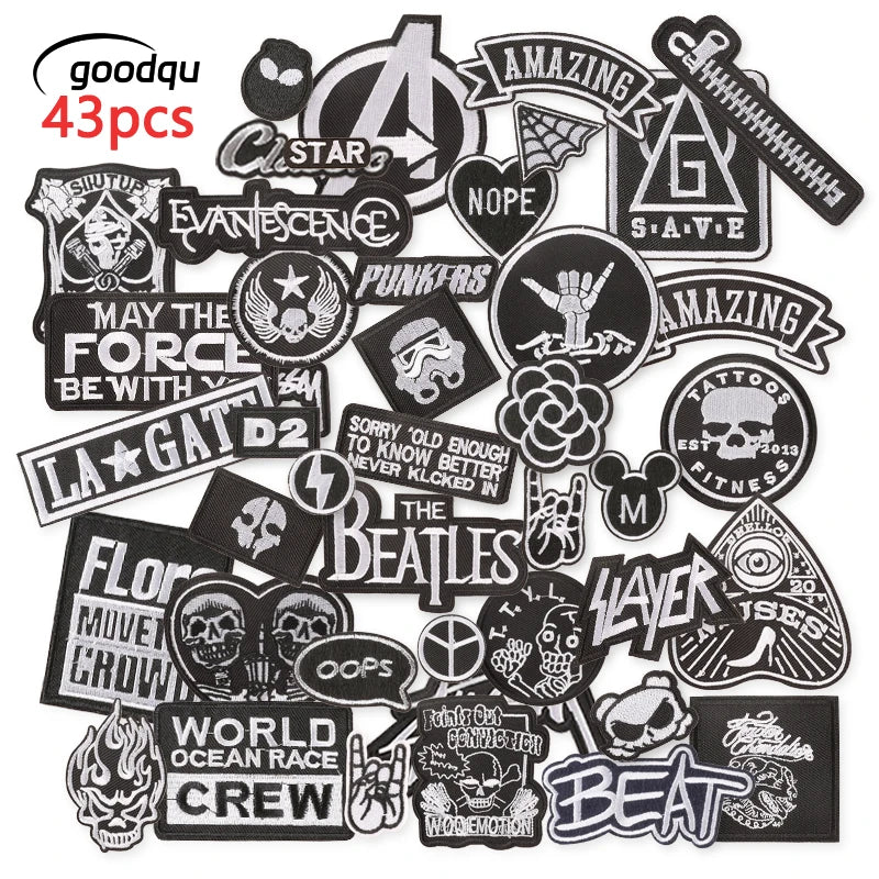 🖤43pcs Black & White Skull Patches – Iron-On Embroidered Pack for Jackets, Clothes & DIY