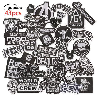 🖤43pcs Black & White Skull Patches – Iron-On Embroidered Pack for Jackets, Clothes & DIY