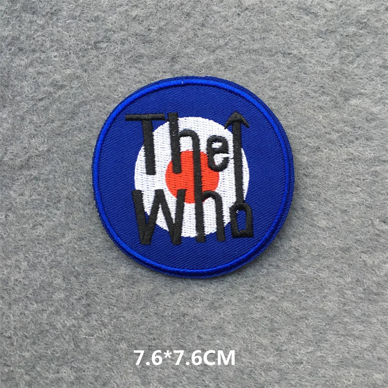 Embroidered patch with 'The Who' logo on a gray background