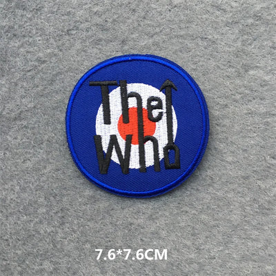 Embroidered patch with 'The Who' logo on a gray background