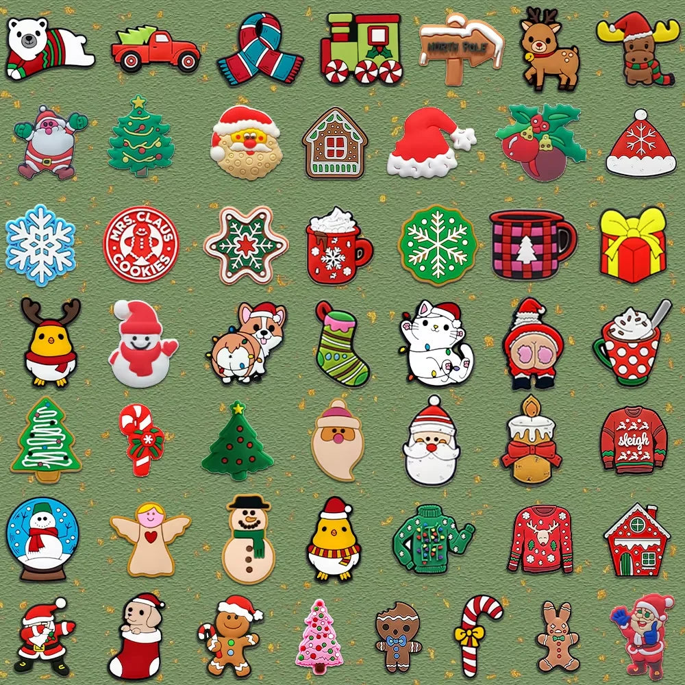 Collection of Christmas-themed shoe charms  on a green background