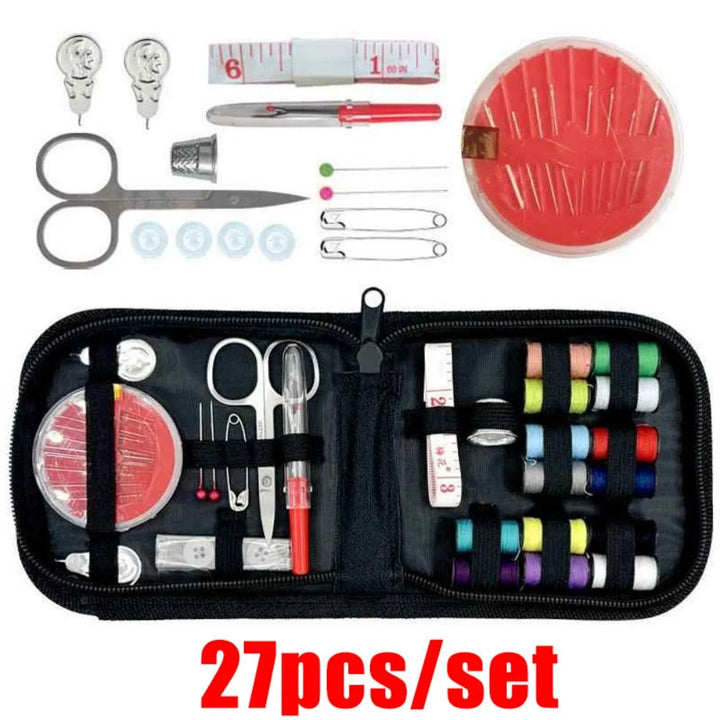 Sewing kit with various tools including scissors, needles, and thread 27 pieces kit on a white background.