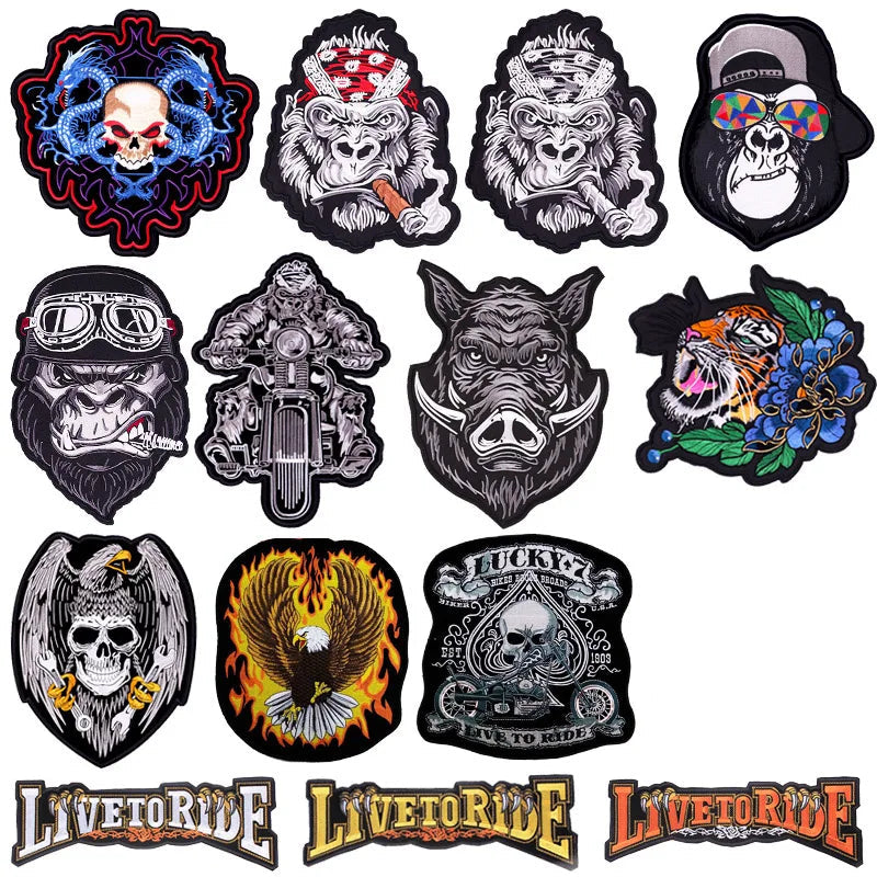 Collection of various styled patches with different designs on a white background.
