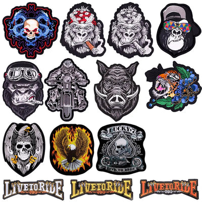 Collection of various styled patches with different designs on a white background.