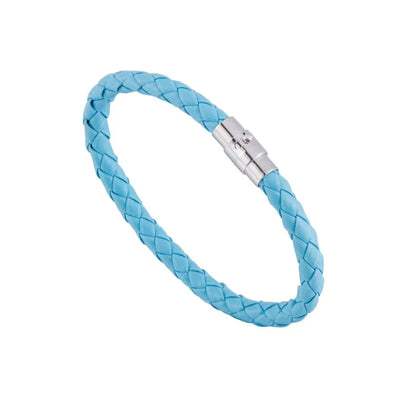Light blue braided bracelet with a silver clasp on a white background