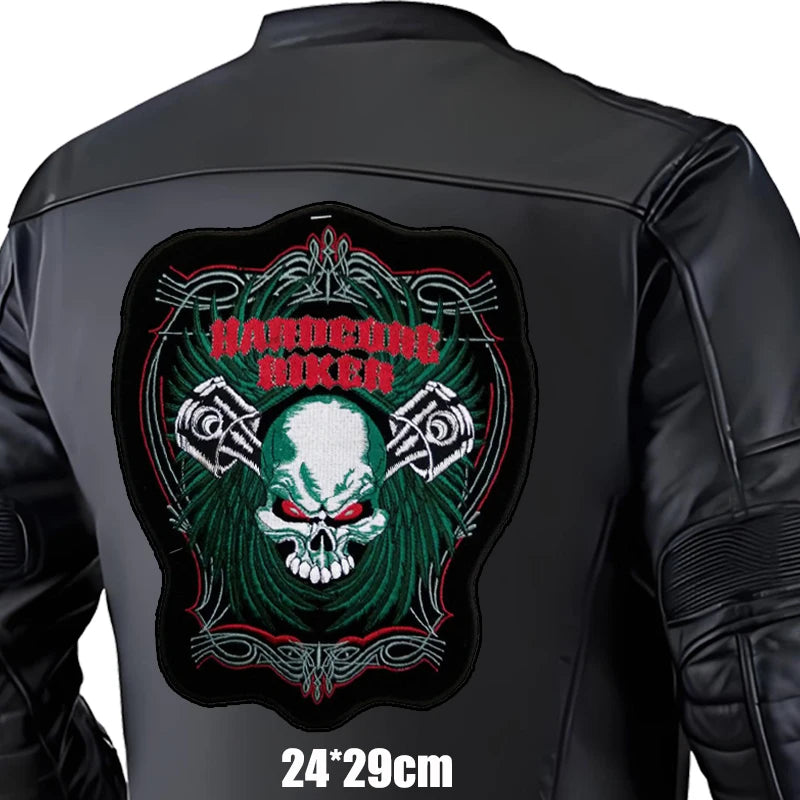 Black leather jacket with a skull and crossbones design on the back, featuring the text 'Hardcore Biker'.
