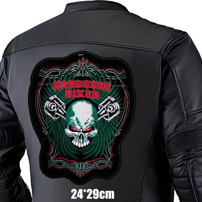 Black leather jacket with a skull and crossbones design on the back, featuring the text 'Hardcore Biker'.