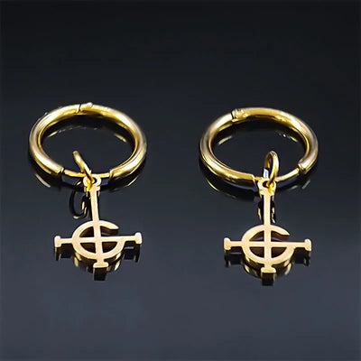 Gold hoop earrings with a symbol pendant on a black background