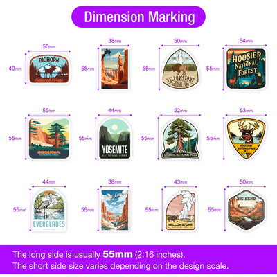 Collection of National Park stickers with dimensions marked on a white background