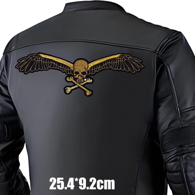 Black leather jacket with gold eagle and skull design on the back, size indicated.