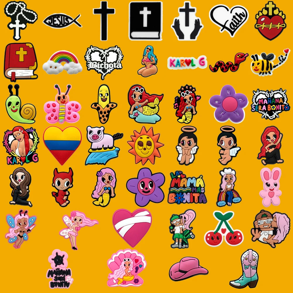 🌈50pcs Karol G Shoe Charms – Mermaids, Hearts, Butterflies & “Mañana Será Bonito” Icons for Clogs