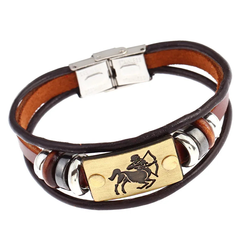 Multistrand leather bracelet with metal beads and Sagittarius sign charm on a white background