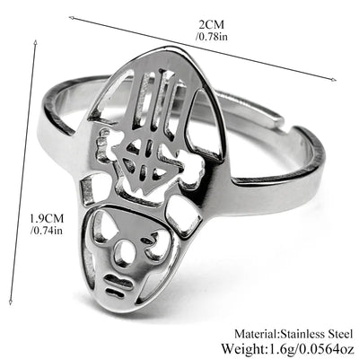 Silver ring with intricate design and measurements on a white background