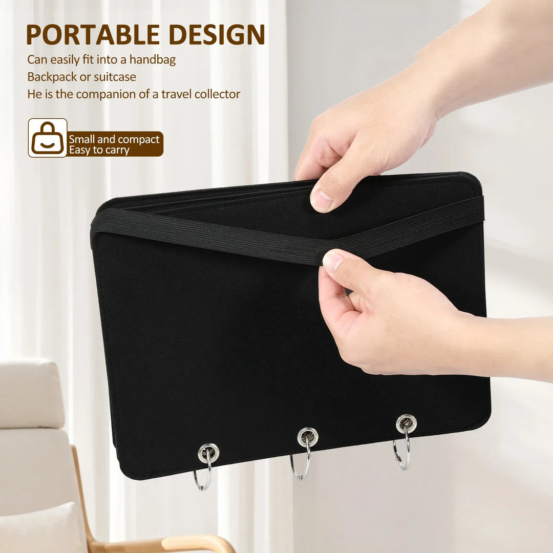 Black jewelry display folder held by a hand with text about its portable design.
