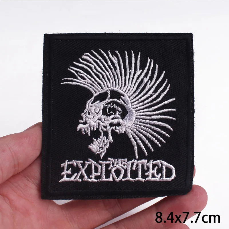 Black and white embroidered The Exploited punk band iron on patch with mohawk skull design 8.4x7.7cm